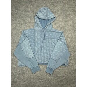 Lucky Brand Women XL Blue Patchwork Cropped Hoodie Floral Geometric French Terry